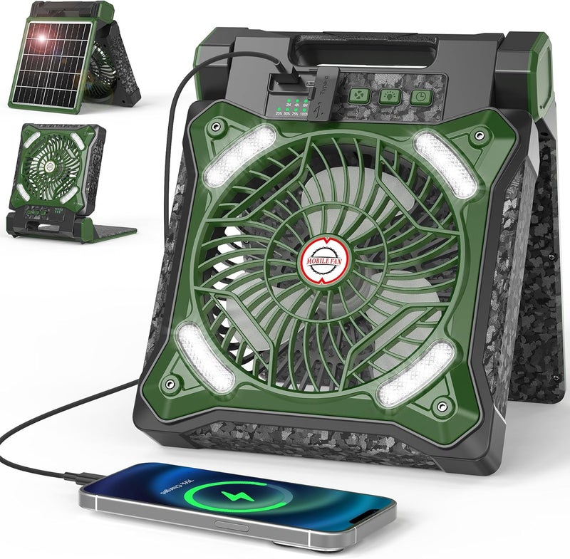 MORECORE 10000mAh 11inch Solar Camping Fan with Dual Charging, 4 Speeds & 3 Light Levels, 36H Run Time, Timer & 90° Adjustable, Portable Quiet Desk Fan for Hiking, Hurricane, Outages, Fishing-Green - Image 1